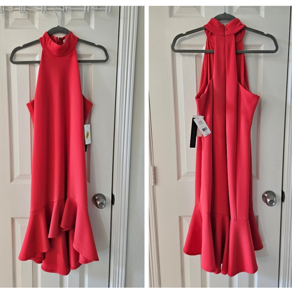 Halston Elegant Red Sleeveless High Low Midi Dress